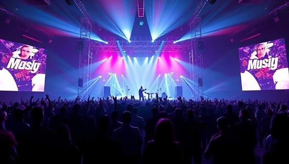 An artistic rendering of a virtual concert setting with a stage, crowd silhouettes, and digital effects, capturing the excitement and energy of a live music event in a virtual environment.