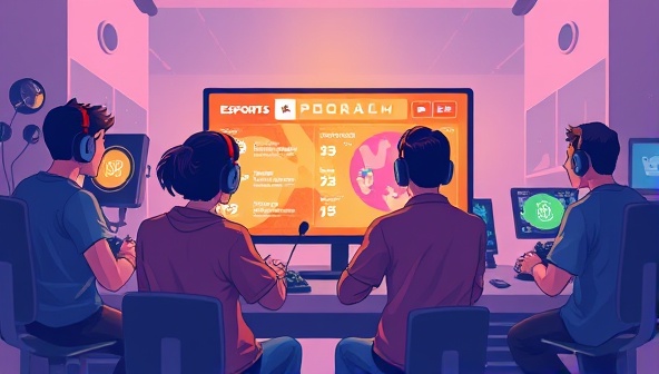 An illustration of a group of gamers gathered around a screen, discussing esports matches and making bets on the Esports Bet Connect platform, highlighting the social and interactive aspects of the community-driven network.