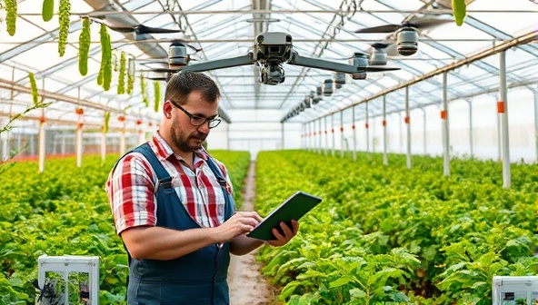 An image of a farmer in a high-tech greenhouse surrounded by futuristic farming equipment, checking data on a tablet while a drone hovers above inspecting crops, illustrating the integration of technology in agriculture.
