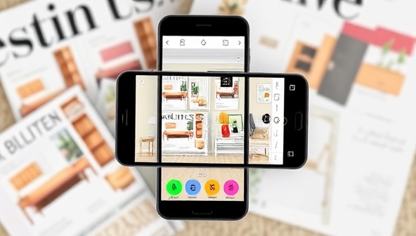 A smartphone screen displaying the ARtistic Home app interface with virtual furniture overlays, decor elements, and color swatches superimposed on a real room setting, showcasing the app's AR capabilities and design visualization features, surrounded by stylish home decor magazines and design sketches for inspiration.