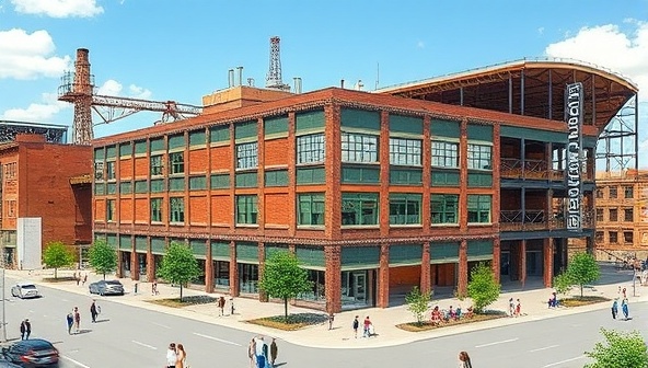 An architectural montage featuring a transformed industrial building repurposed into a vibrant mixed-use space, blending modern design elements with historical features, surrounded by green spaces and community gathering areas, illustrating the transformative impact of RePurpose Studio's adaptive reuse design consultancy.