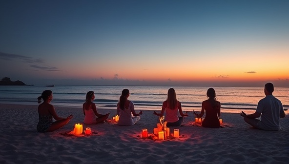 A group of travelers meditating on a tranquil beach at sunset, surrounded by candles and incense, practicing mindfulness and relaxation, capturing the essence of a SoulSerenity Journeys wellness retreat.