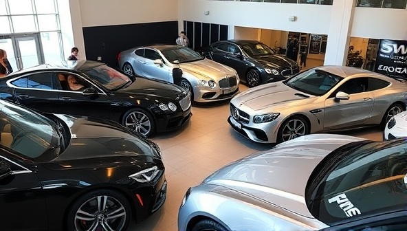 A collection of luxury vehicles parked in a sleek showroom setting, with club members exploring the different car models and features, accompanied by attentive staff showcasing the benefits and convenience of the Wheels Unlimited Club membership for upscale transportation experiences.