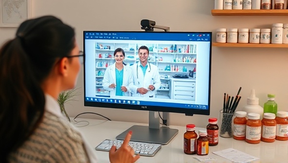 A virtual consultation setup with a pharmacist on a computer screen interacting with a patient, surrounded by medicine bottles and a digital prescription pad, symbolizing remote healthcare support.