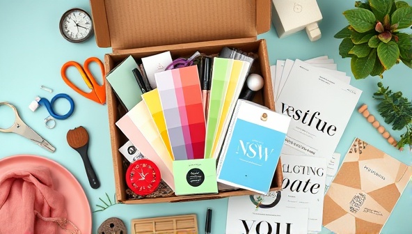 An aesthetically pleasing flat lay of a subscription box filled with design tools, color swatches, typography samples, and inspirational mood boards, creating a visual feast for creative minds.