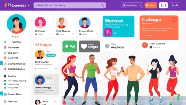 A vibrant and interactive fitness community platform interface showcasing user profiles, workout updates, group challenges, and motivational messages, with diverse avatars engaging in virtual fitness activities and social interactions, fostering a sense of connection, support, and camaraderie within the FitConnect Community.