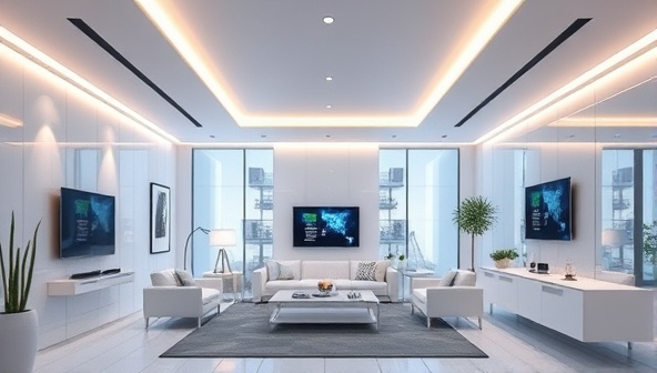 An architectural rendering of a modern smart home interior, featuring voice-activated devices, automated lighting controls, and a central smart hub, illustrating the convenience and futuristic feel of a tech-enabled living space.
