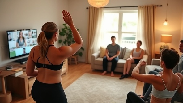 An energetic fitness instructor leading a virtual class with participants joining from their living rooms, showcasing the dynamic and interactive nature of virtual fitness experiences and the sense of community in online workouts.