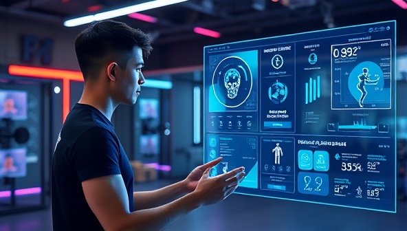 A futuristic visualization of a user interacting with a holographic AI fitness assistant, receiving personalized workout recommendations and performance analysis in a high-tech virtual training environment, showcasing the seamless integration of AI technology and fitness coaching in FitAI Trainer.