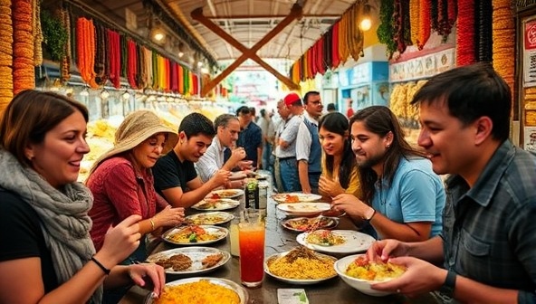 A group of travelers savoring exotic dishes at a bustling food market, surrounded by colorful spices, street food vendors, and cultural performances, capturing the vibrancy and diversity of a Culinary Odyssey tour in an immersive and authentic setting.
