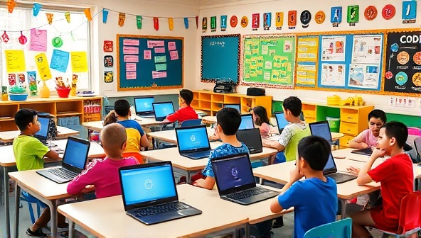 A colorful classroom setting with children engaged in coding activities on laptops, surrounded by playful coding-themed decorations and educational posters, creating a vibrant and inspiring learning space.