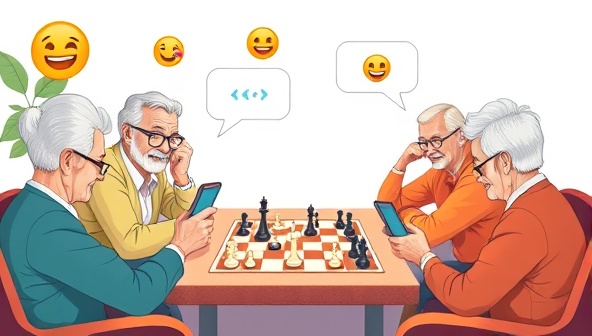 An illustration of a group of seniors engaging in a virtual game of chess on tablets, accompanied by cheerful emojis and virtual chat bubbles, highlighting the social interaction and mental stimulation offered by SilverPlay Connect's gaming platform for seniors.