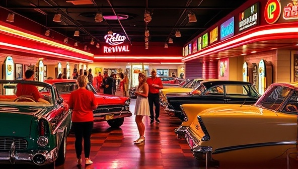 A vibrant scene at the Retro Revival Drive-In with classic cars parked at carhop stations, servers in retro uniforms delivering trays of burgers and shakes to customers in vintage attire, under neon lights and jukebox tunes, capturing the essence of a nostalgic dining era.