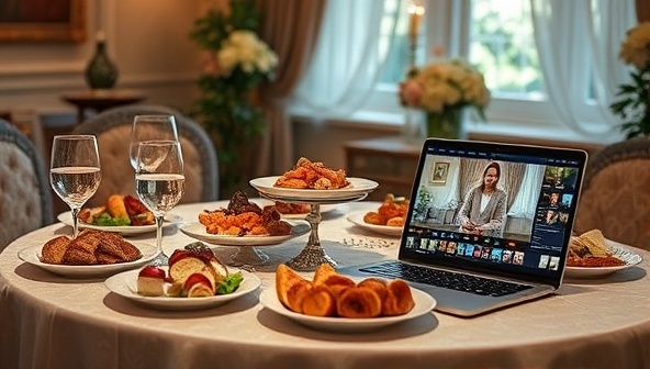 An elegant virtual event setup with a beautifully decorated table showcasing an array of gourmet foods, wine glasses, and a laptop streaming a live tasting session, evoking sophistication and culinary exploration.
