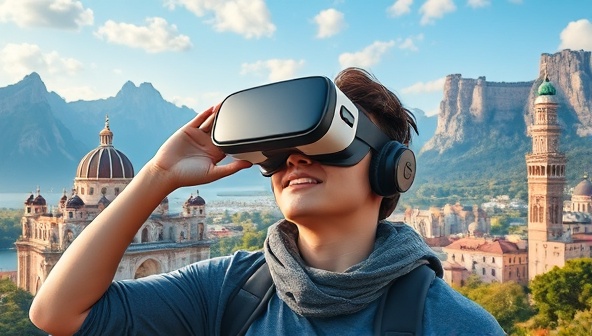An engaging image featuring a person wearing a VR headset immersed in a virtual travel experience, surrounded by stunning digital landscapes and iconic landmarks, capturing the essence of exploration and discovery offered through Wanderlust VR Adventures.