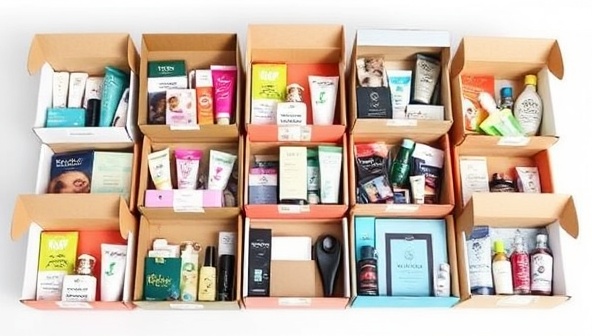 An array of beautifully curated subscription boxes filled with a variety of products, each box personalized to match different customer profiles and preferences, illustrating the customization and thoughtful curation provided by BoxPulse.