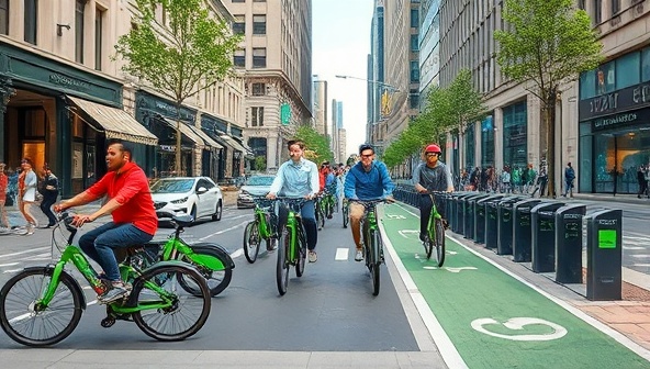 An urban street scene buzzing with activity, showcasing a diverse group of riders effortlessly navigating the city on electric-assist bikes from the EcoRide Connect network, with modern bike docking stations and green bike lanes highlighting the eco-friendly mobility solution in action.