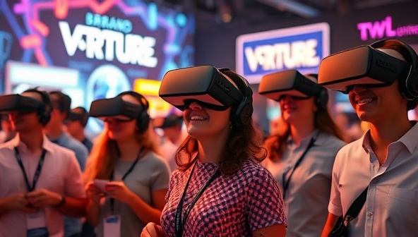 An engaging visual of people wearing VR headsets and interacting with virtual brand experiences, surrounded by vibrant digital elements and immersive storytelling, illustrating the potential of VRapture Marketing in transforming traditional marketing.
