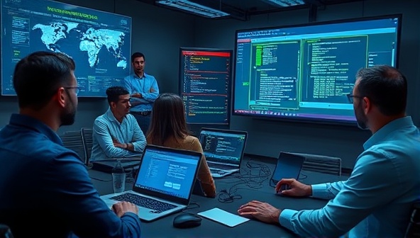 A cybersecurity expert leading a simulated incident response training session with government security teams, utilizing real-time threat scenarios, response protocols, and digital forensics tools, demonstrating the hands-on and immersive nature of the cybersecurity training program.