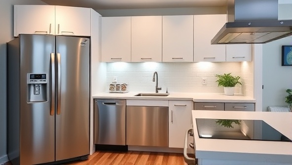 A modern kitchen showcasing energy-efficient appliances like a smart refrigerator, dishwasher, and induction cooktop, emphasizing sleek design, advanced technology, and eco-friendly features in a residential setting.