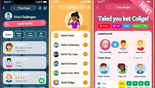 An engaging app interface showcasing virtual fitness challenges, leaderboards, and colorful badges, with diverse avatars representing users participating in fun and competitive workout challenges, conveying a sense of community and achievement.
