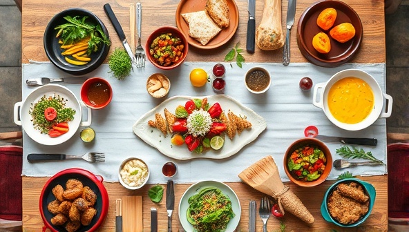 An inviting image of a beautifully set dining table adorned with a variety of colorful dishes, fresh ingredients, and cooking utensils, evoking a sense of community and culinary exploration that Flavor Fusion Hub aims to cultivate.