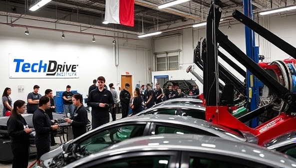 An educational setting at TechDrive Institute with students engaging in hands-on automotive technology training, surrounded by cutting-edge equipment and instructors, embodying a dynamic learning environment focused on innovation and skill development.