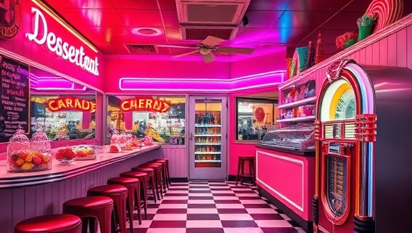 A colorful and vibrant retro dessert diner interior featuring neon lights, checkerboard floors, vintage candy displays, and a retro jukebox playing classic tunes, capturing the nostalgic and fun atmosphere of RetroSweets Delight.