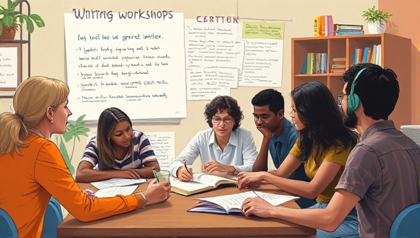 An artistic depiction of a virtual writing workshop with diverse participants engaged in discussions, brainstorming ideas, and receiving feedback from a mentor, creating a collaborative and inspiring writing environment.