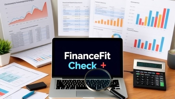 An office desk setup with financial reports, charts, and a laptop displaying the FinanceFit Check logo, surrounded by a magnifying glass and a calculator symbolizing detailed financial analysis and optimization.