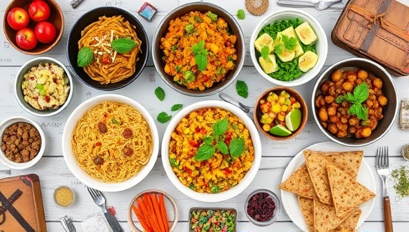 A vibrant and diverse array of globally inspired dishes, neatly arranged on a table with colorful ingredients, spices, and travel-themed tableware, showcasing the culinary diversity and freshness of meals offered by Nomad Nourish for on-the-go nourishment.