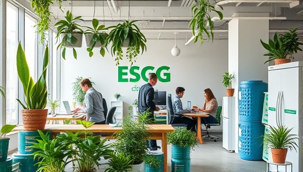 An eco-friendly office setting with employees engaging in sustainable practices, surrounded by plants, recycling bins, and energy-efficient appliances, reflecting a commitment to ESG principles and environmental stewardship.