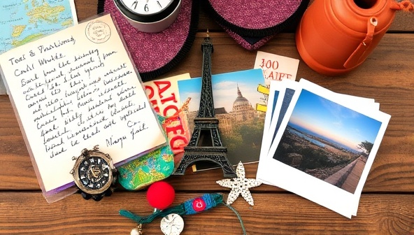A vibrant and diverse collection of travel keepsakes displayed on a wooden table, including a handwritten postcard, a mini Eiffel Tower figurine, a local fabric bracelet, and a polaroid photo capturing a scenic view, evoking a sense of wanderlust and personal connection.