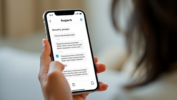 An engaging visual of a person interacting with the mental health chatbot on a smartphone, showing a supportive conversation interface with empathetic responses, calming visuals, and resource recommendations, conveying a sense of comfort and understanding in seeking mental health help.