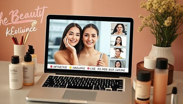 A laptop screen displaying a virtual beauty consultation session with a beauty expert guiding a client through skincare routines, surrounded by various beauty products and tools, creating a personalized and interactive experience.