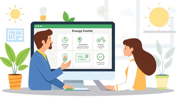 An engaging digital illustration featuring a virtual consultation session between an energy expert and a client, with energy-saving tips displayed on a computer screen, eco-friendly icons, and a sustainable lifestyle backdrop, highlighting the convenience and effectiveness of EcoConsult Pro's online services.