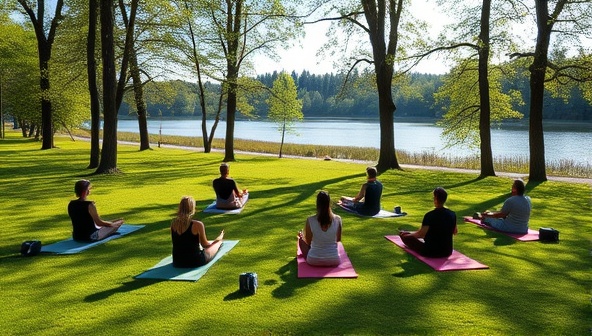 A tranquil outdoor setting with a group of people practicing yoga on lush green grass surrounded by trees and a serene lake, capturing the essence of peace and connection with nature.