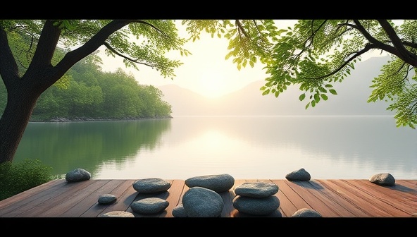 A serene and tranquil digital retreat setting featuring calming nature scenes, soothing sounds, and mindfulness activities, creating a virtual oasis of relaxation and rejuvenation for participants of Serenity Escapes Retreats' virtual wellness retreats.