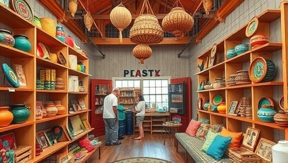 An inviting marketplace setting with colorful artisanal products displayed on wooden shelves, handmade crafts hanging from the ceiling, and a cozy seating area for visitors to explore and appreciate the craftsmanship, evoking a sense of community and creativity.