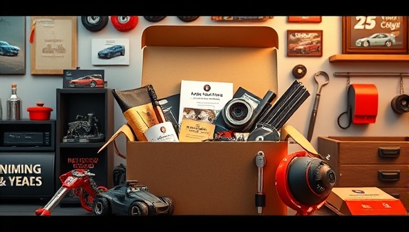 An artistic depiction of a subscription box filled with automotive products, accessories, and gadgets, surrounded by car-themed decorations and tools, evoking excitement and anticipation for car enthusiasts.