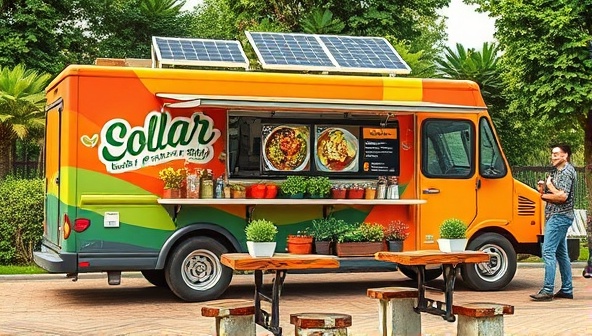 A vibrant food truck design featuring solar panels on the roof, colorful plant-based dishes displayed on the menu board, and customers enjoying their meals at outdoor tables made from recycled materials, illustrating the concept of eco-friendly dining on the go.