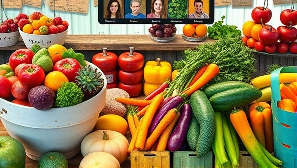 A virtual marketplace showcasing a variety of colorful fruits and vegetables being exchanged between users, symbolizing the sense of community and sustainability in sharing home-grown produce.