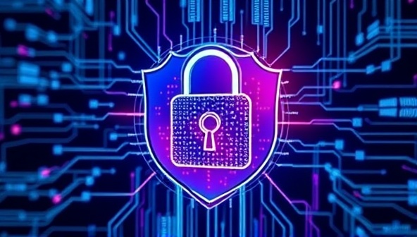 A digital lock symbolizing blockchain technology securing a virtual website interface, with data blocks forming a protective shield around the website, illustrating the robust security features of BlockSecure Web.