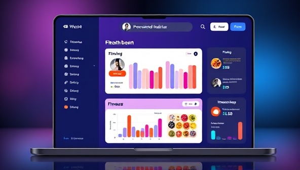 A vibrant digital platform interface showcasing a personalized health plan dashboard with interactive tools for tracking fitness progress, nutritional intake, and mental well-being, all designed in a sleek and modern style.