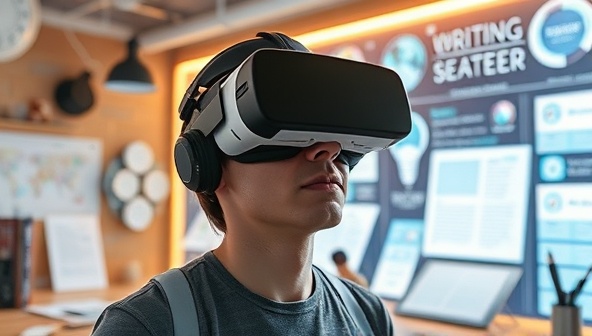 An immersive visual representation of a writer wearing a VR headset, exploring a virtual writing studio filled with holographic tools, interactive storyboards, and AI writing assistants, creating a futuristic and inspiring environment for creative writing and storytelling in virtual reality.