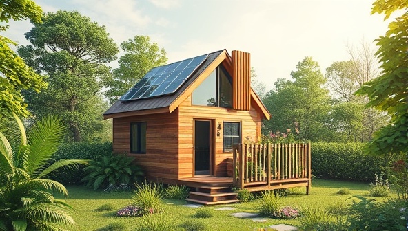 An artistic rendering of a sustainable tiny house design surrounded by lush greenery and solar panels, illustrating a harmonious blend of nature and modern eco-living concepts.
