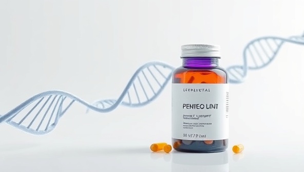 An elegant and sleek bottle of personalized supplements next to a DNA helix illustration, conveying the fusion of science and personalized health in nutraceuticals.