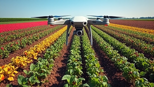 An aerial view of a vibrant crop field with a drone equipped with multispectral imaging technology flying overhead, capturing detailed data on plant health and growth patterns, demonstrating advanced precision agriculture practices.