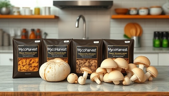 An inviting kitchen setup with MycoHarvest Kits displayed on a countertop, showcasing various stages of mushroom growth from substrate to fully harvested mushrooms, evoking a sense of culinary creativity and sustainable entrepreneurship.