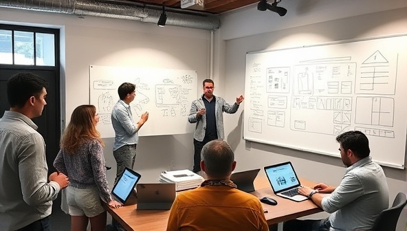 An interactive workshop setting with participants engaging in group discussions, sketching wireframes on whiteboards, and collaborating on design projects using laptops and tablets, capturing the essence of hands-on learning in web design workshops.
